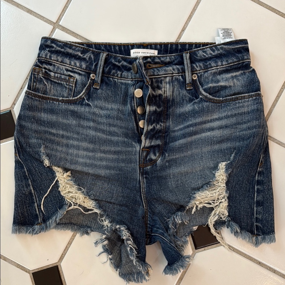 Good American Distressed Blue Denim Shorts